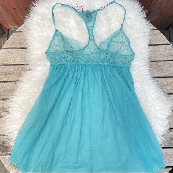 VICTORIAS SECRET Teal Lace Sheer Baby Doll Slip Lingerie NWT - Picture 4 of 4